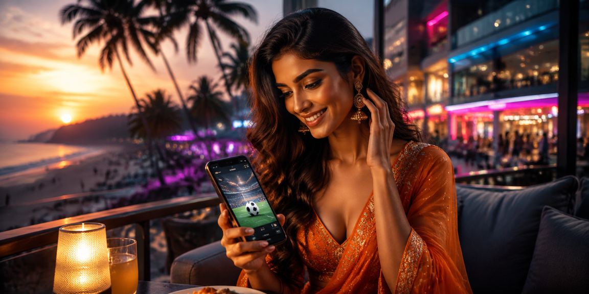 Goa beach scene with people enjoying sports betting on mobile devices