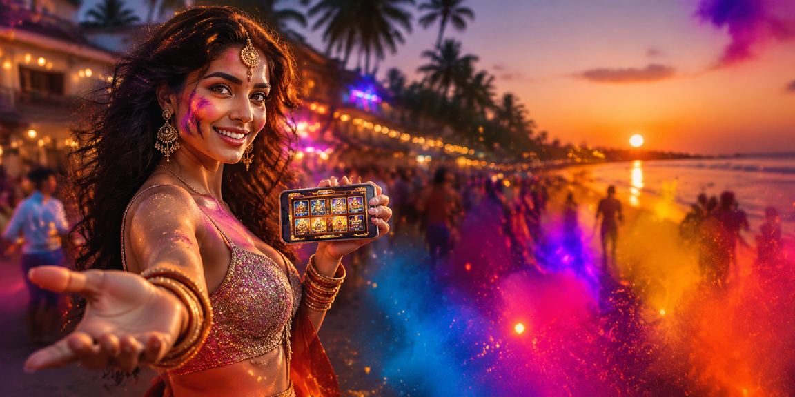 Relaxed player betting Andar Bahar on mobile at Goa Beach during Holi festival